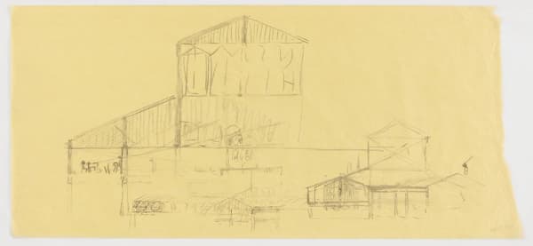 Louis I. Kahn Temple Beth El, Synagogue, Brewster, NY, 1966-72, built, Elevation studies, 1971 graphite on yellow tracing paper 18 x 38 in 45.7 x 96.5 cm