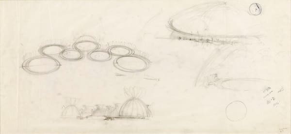 Louis I. Kahn General Motors Exhibit, 1964 World's Fair, Grand Central Parkway and Long Island Expressway, New York, Site plan circulation study and perspectives, 1961 graphite on white tracing paper 22 3/4 x 46 3/4 in 57.8 x 118.7 cm