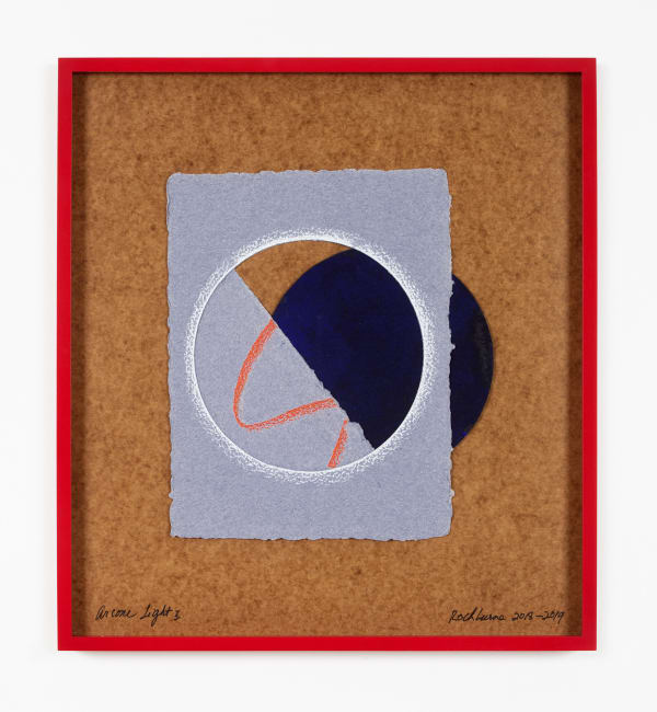 Dorothea Rockburne Blue Collage, Arcane Light I, 2018-19 watercolor, watercolor wax crayon, and enamel paint on paper mounted on board in artist's frame 20 x 18 1/4 in (50.8 x 46.4 cm) framed: 20 7/8 x 18 7/8 x 1 1/2 in (53 x 47.9 x 3.8 cm)