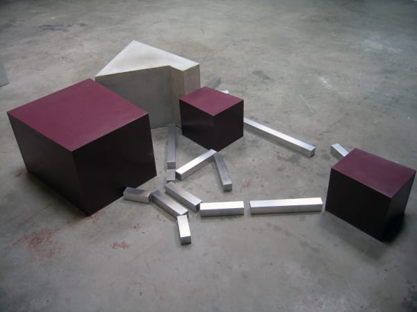 Barry Le Va Silent Diagrams - Reading #14, 2008 concrete, resin and aluminum concrete element: 18 x 28 x 22 in (45.72 x 71.12 x 55.88 cm) large resin element: 26 x 22 1/2 x 17 in (66.04 x 57.15 x 43.18 cm) each small resin element: 11 x 11 x 13 in (27.94 x 27.94 x 33.02 cm) aluminum bars: from 3 x 2 x 2 in to 20 x 2 x 2 in (from 7.62 x 5.08 x 5.08 cm to 50.8 x 5.08 x 5.08 cm)