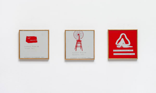 Richard Pettibone Duchamp, "Fontaine. 1917."Duchamp "Pliant de Voyage 1917." Duchamp "Roue de Bicyclette. 1913.", 1965 triptych: acrylic, oil and rubber stamp on canvas Duchamp, "Fontaine. 1917." 4 3/8 x 4 3/8 in 11.1 x 11.1 cm Duchamp "Pliant de Voyage 1917." 4 1/4 x 4 3/8 in 10.8 x 11.1 cm Duchamp "Roue de Bicyclette. 1913." 4 3/8 x 4 3/8 in 11.1 x 11.1 cm
