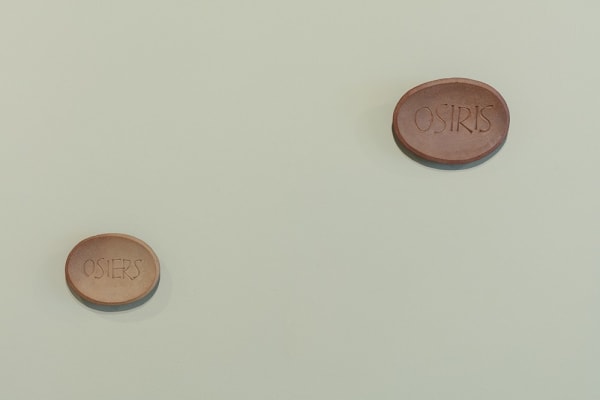 Ian Hamilton Finlay Osiris, Osiers, 1983 two ceramic tree plaques, with David Ballantyne 10 1/4 x 7 7/8 x 1 5/8 in (26 x 20 x 4 cm) 8 5/8 x 6 1/2 x 1 5/8 in (22 x 16.5 x 4 cm)