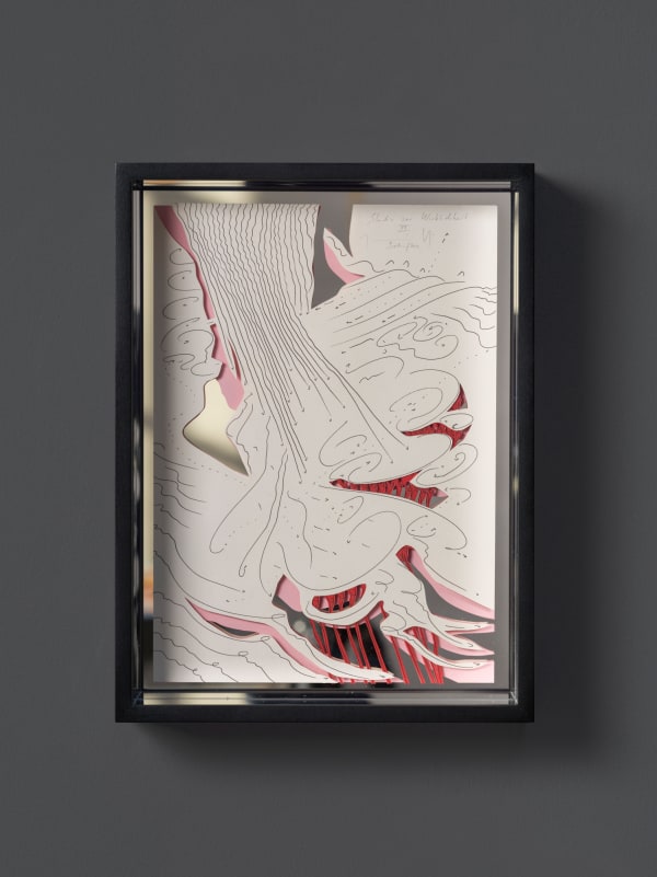 Jorinde Voigt Study of Reality XII, 2021 ink and graphite on paper, collage mounted on mirror glass 13 3/8 x 9 7/8 x 2 3/4 in (34 x 25 x 7 cm)