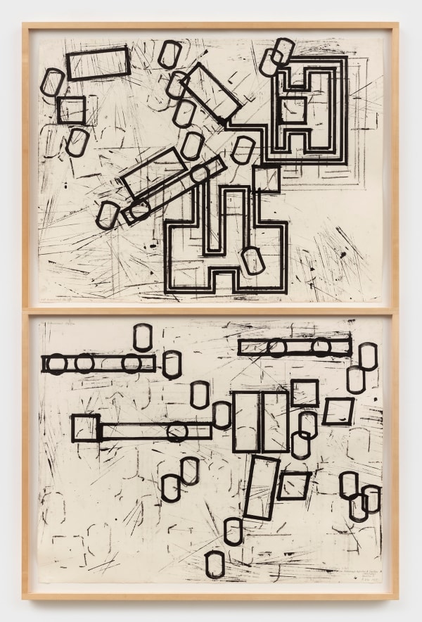 Barry Le Va Study for Sculpture in 2 Parts. Dissected Situations Arranged in Order of Functions (Diagnostics) Variation 3, 1989 graphite and ink on paper; two sheets overall: 77 x 50 in (195.6 x 127 cm)
