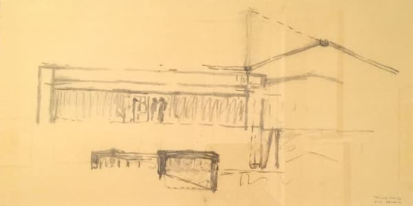 Louis I. Kahn Temple Beth El, Synagogue, Brewster, NY, 1966-72, built, Two elevation studies, 1970 charcoal on yellow tracing paper 12 x 24 in 30.5 x 61 cm