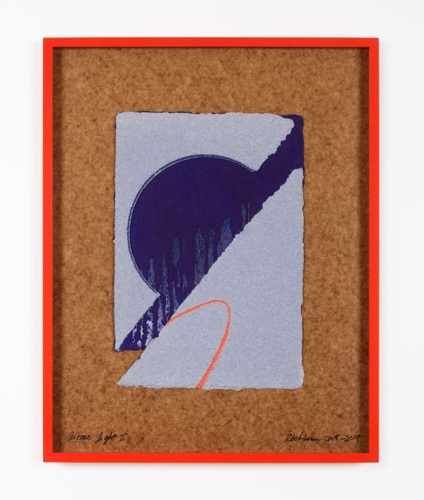 Dorothea Rockburne Blue Collage, Arcane Light II, 2018-19 enamel paint, Aquacryl, and watercolor wax crayon on paper mounted on board in artist's frame 21 3/4 x 17 in (55.2 x 43.2 cm) framed: 22 1/2 x 17 3/4 x 1 1/2 in (57.1 x 45.1 x 3.8 cm)