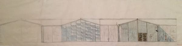 Louis I. Kahn Research Institute for Advanced Studies, Maryland, 1956-58, unbuilt, Perspective, 1956-58 graphite and colored pencil on white tracing paper Framed Dimensions: 18 3/4 x 44 3/4 in