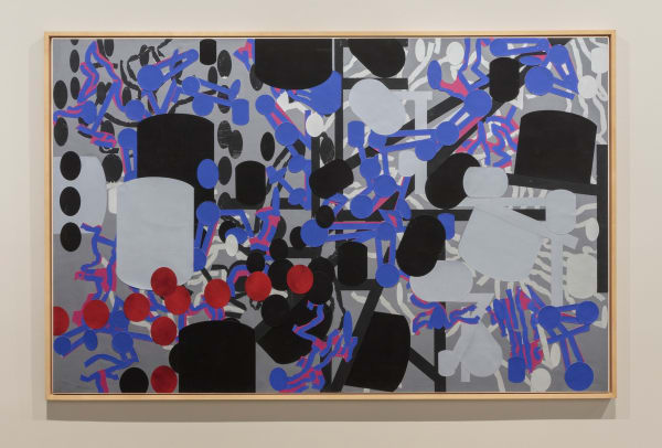 Barry Le Va Diagrammatic Silhouettes: Sculptured Activities, 1986 acrylic, graphite, glue, silkscreen ink on paper collage laid down in canvas 62 x 97 in (157.5 x 246.4 cm)