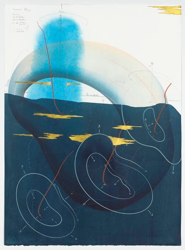 Jorinde Voigt Immersion VIII (7), 2018 ink, India ink, gold leaf, pastel, oil chalks, pencil on paper 30 1/8 x 22 1/16 in (76.5 x 56 cm)