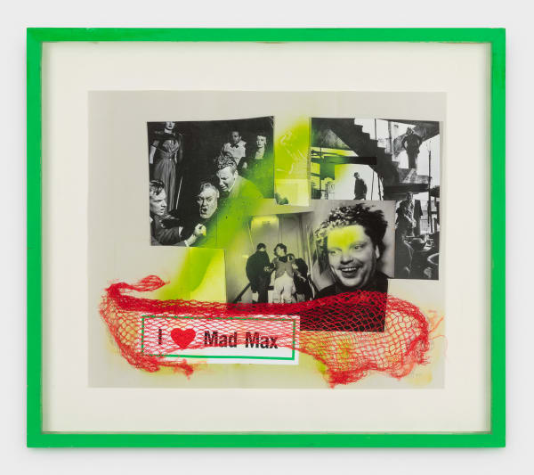 Martin Kippenberger I Love Mad Max, 1985 adhesive sticker, found photographs, red netting, spray enamel, and graphite on paper in artist's frame 15 3/4 x 18 7/8 in (40 x 47.9 cm)
