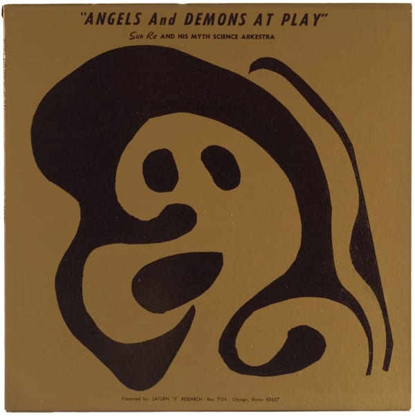 Sun Ra Angels & Dreams at Play, 1965 block print on metallic gold paper 12 1/2 x 13 in 31.8 x 33 cm