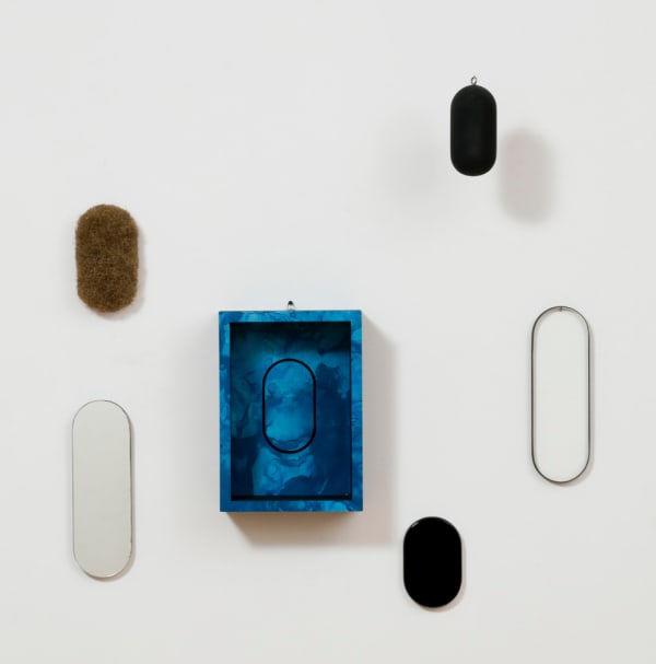 Richard Artschwager Locations, 1969 formica on wood and 5 blps : wood, glass, plexiglas, mirror and rubberized horsehair with formica, metal chain 15 x 10 3/4 x 5 in (case)