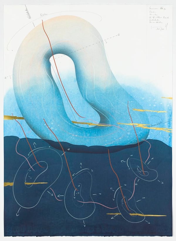 Jorinde Voigt Immersion VIII (3), 2018 ink, India ink, gold leaf, pastel, oil chalks, pencil on paper 30 1/8 x 22 1/16 in (76.5 x 56 cm)