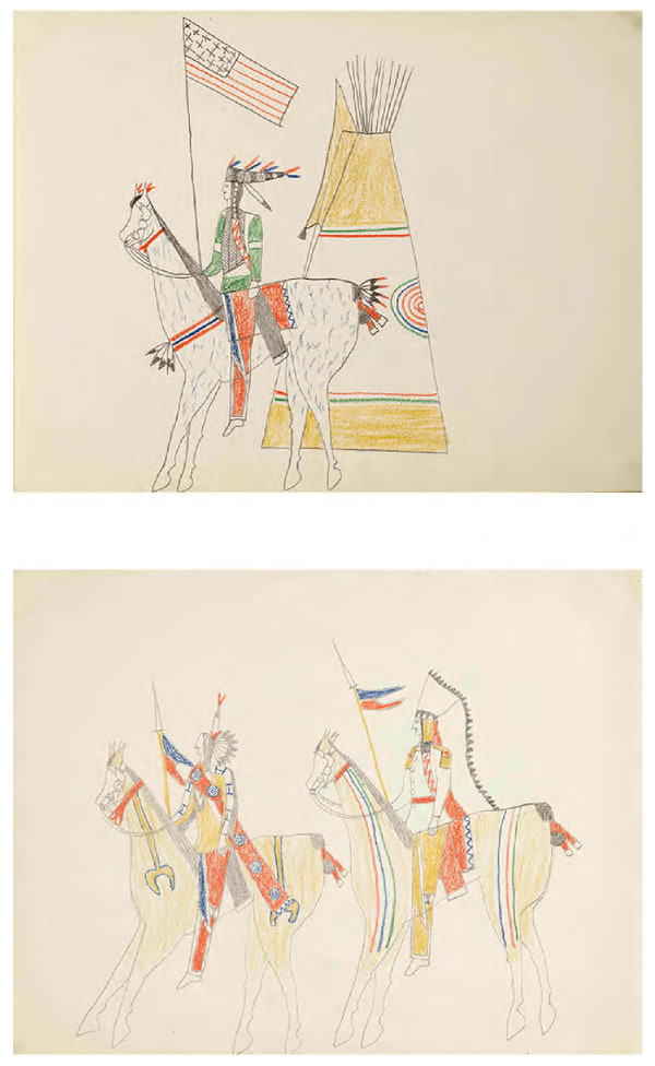Ohettoint Kiowa Warrior with Flag (recto/verso), ca. 1876 ink, graphite and colored pencil on paper 8 5/8 x 11 3/8 in (21.9 x 28.9 cm)