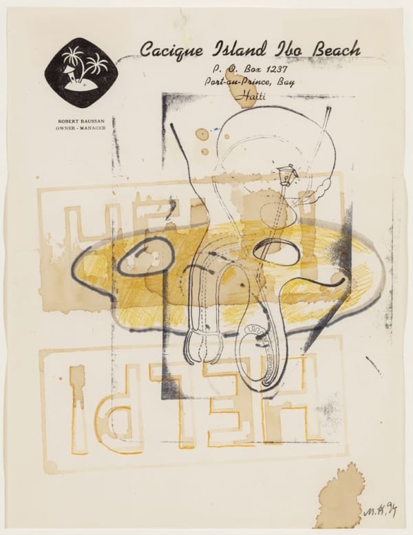 Martin Kippenberger Untitled (Cacique Island Ibo Beach), 1994 crayon, ink and wash on hotel stationary 10 15/16 x 8 1/4 in (27.8 x 21 cm)