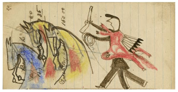 anonymous artist Ledger Drawing, ca. 1880 ink, graphite and colored pencil on lined paper 3 x 5 3/4 in (7.6 x 14.6 cm)