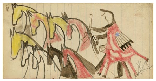 anonymous artist Ledger Drawing, ca. 1880 ink, graphite and colored pencil on lined paper 3 x 5 3/4 in (7.6 x 14.6 cm)