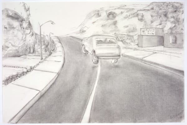 Richard Artschwager Untitled (Road with bouncing car), 2005 charcoal on paper 25 x 37 3/4 inches 63.5 x 95.9 cm