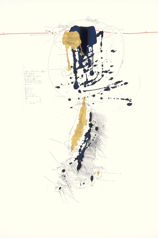 Jorinde Voigt A Difference that Makes a Difference 11(Niklas Luhmann / Liebe als Passion / Leitdifferenz plaisir/ amour), 2014 ink, gold leaf, and pencil on paper 35 7/16 x 23 5/8 in (90 x 60 cm)