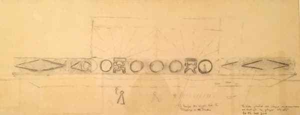 Louis I. Kahn “Point Counterpoint” Barge for the American Symphony, Pittsburgh, PA, 1964-67, built, Elevation, 1966 graphite on yellow tracing paper 12 x 29 in 30.5 x 73.7 cm