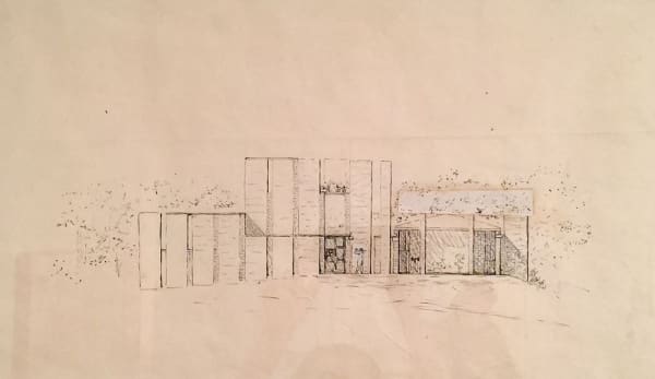 Louis I. Kahn Lawrence and Ruth Morris House, Mt. Kisco, NY, 1955-58, unbuilt, Elevation, light view, 1955-58 ink on paper 22 1/4 x 29 3/4 in 56.5 x 75.6 cm