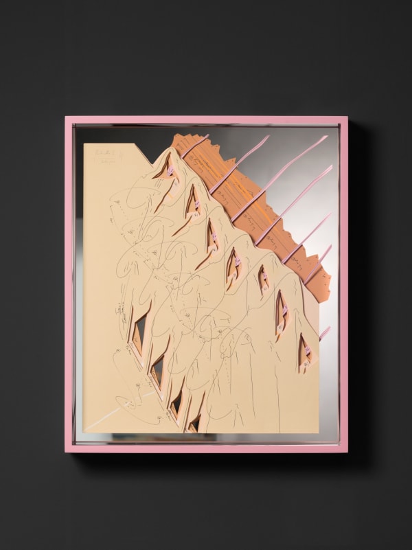 Jorinde Voigt Particella I, 2021 oil chalks, ink and graphite on paper, collage mounted on mirror glass framed: 22 1/2 x 18 7/8 x 2 3/4 in (57 x 48 x 7 cm)