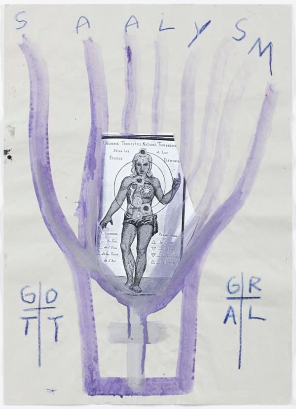 Jonathan Meese Der Mishima-Saal, 2000 acrylic, wax oil crayon, and cut-and-pasted photocopy on paper 27 1/8 x 19 1/2 in 69 x 49.5 cm