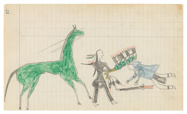 attributed to Cedar Tree Ledger Drawing, ca. 1880 crayon and graphite on lined paper 7 1/4 x 12 1/2 in (18.4 x 31.8 cm)
