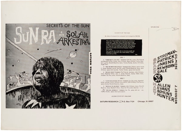 Sun Ra Secrets of the Sun, 1962, reprinted in early 1970's offset print on paper, unwrapped front and back album cover 18 x 25 in 45.7 x 63.5 cm