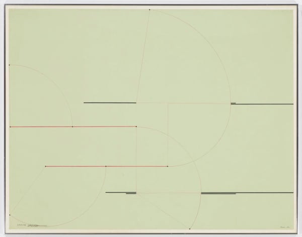 Barry Le Va Installation Study (4 Length Section), 1973 drawing on green paper 43 1/2 x 55 1/2 in (110.5 x 141 cm) framed: 44 x 56 in (111.8 x 142.2 cm)