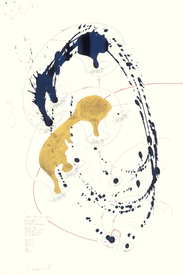 Jorinde Voigt A Difference that Makes a Difference 10(Niklas Luhmann / Liebe als Passion / Leitdifferenz plaisir/ amour), 2014 ink, gold leaf and pencil on paper 35 7/16 x 23 5/8 in (90 x 60 cm)