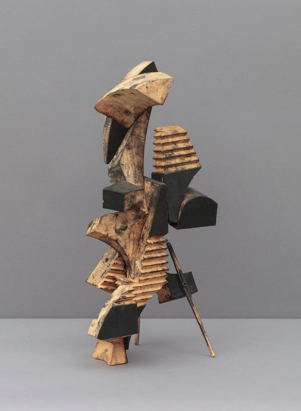 Mel Kendrick August 1991 Black Oil with Chopsticks, 1991 poplar wood, oil, lamp black 18 1/2 x 9 x 7 in (47 x 22.9 x 17.8 cm)
