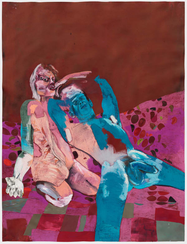 Wardell Milan In the comfort of…, 2019 charcoal, graphite, pastel, oil pastel, acrylic paint, cut-and-pasted paper on hand dyed paper 49 1/2 x 38 in (125.7 x 96.4 cm)