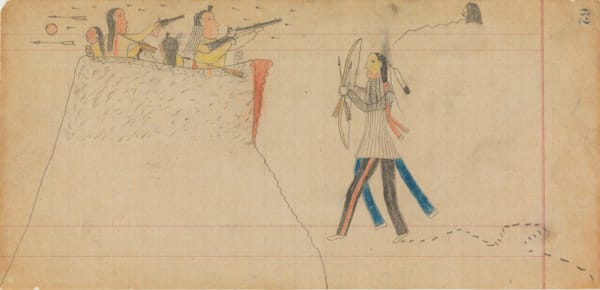 attributed to Ma Nim Ick (Minimic or Eagle Head) Ledger Drawing, ca. 1875 graphite and colored pencil on lined paper 5 1/2 x 11 1/2 in (14 x 29.2 cm)