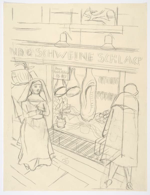 George Grosz Metzgerschaufenster und Passanten, Berlin (Butcher's Shop Window and Passerby, Berlin), 1928 carpenter's pencil on paper 23 5/8 x 18 1/8 in (60 x 46 cm)