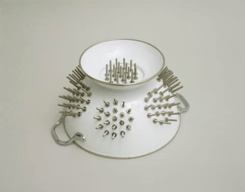 Mona Hatoum No Way II, 1996 enamel and stainless steel 10 3/4 x 8 3/4 x 5 in (27.3 x 22.2 x 12.7 cm) Edition 2 of 6, with 1 AP