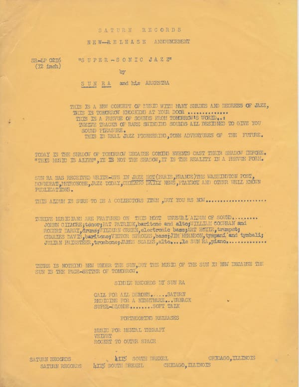 Sun Ra Super-Sonic Jazz Press Release, c. 1962 typewritten xeroxed paper 11 x 8 1/2 in 27.9 x 21.6 cm