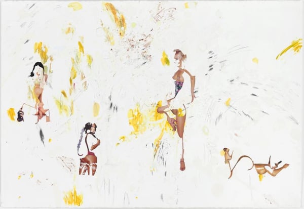 Wardell Milan Show off your charms, your smile, 2015 graphite, oil pastel, oil, blackberries, cut-and-pasted printed paper on paper 41 3/8 x 59 15/16 in 105.1 x 152.2 cm