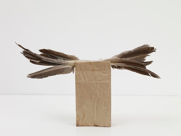 William Cordova untitled (geronimo I y II), 2006-12 reclaimed paper bag, feathers 12 1/2 x 24 x 7 in 31.8 x 61 x 17.8 cm
