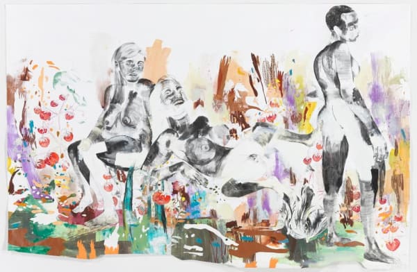 Wardell Milan There upon the calm, grow luscious fruits amid fantastic flowers, 2015 graphite, charcoal, colored pencil, pastel, oil pastel, acrylic, oil, gesso, strawberries, cut-and-pasted paper on paper 63 1/4 x 96 1/4 in 160.7 x 244.5 cm