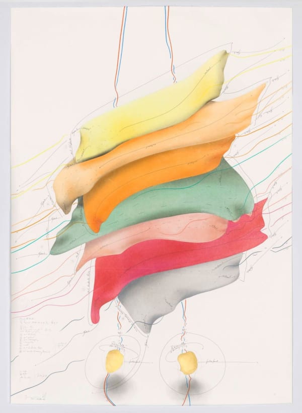 Jorinde Voigt The Farewell / A New Kind of Joy - Study 1 (Song of the Earth), 2016 ink, gold leaf, oil pastel, pastel, pencil on paper 55 1/2 x 39 3/8 in (141 x 100 cm) framed: 59 7/8 x 44 x 2 in (152.1 x 111.8 x 5 cm)