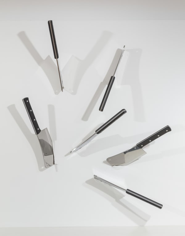 Barry Le Va Cleaved Wall, 1969/2020 6 meat cleavers (chromium-molybdenum steel and nylon) dimensions variable