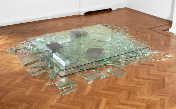 Barry Le Va 4 Layers: Placed, Dropped, Thrown, 1968-71/2019 shattered glass, felt, ball bearings, and aluminum bars dimensions variable
