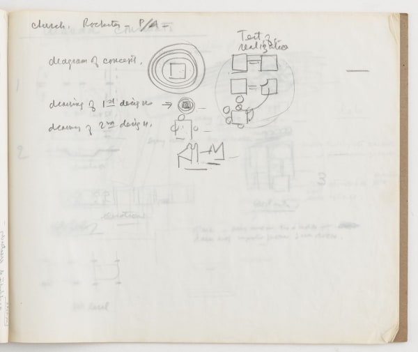 Louis I. Kahn Ad Art Tracing Pad"Form-Design" diagram of the First Unitarian Church, Rochester, NY, c. 1960-61 graphite on paper open notebook: 33 1/2 x 14 in 85.1 x 35.6 cm