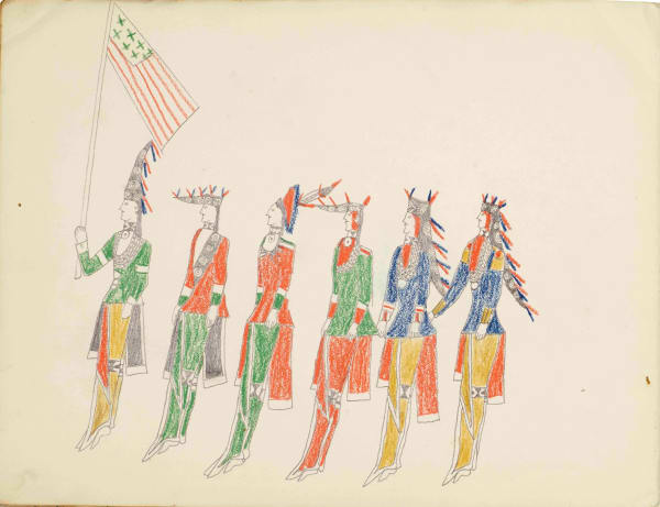 Ohettoint Procession of Warriors with Flag Bearer, ca. 1876 ink, graphite and colored pencil on paper 8 5/8 x 22 3/4 in (21.9 x 57.8 cm)