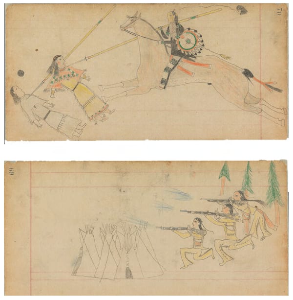 attributed to Ma Nim Ick (Minimic or Eagle Head) Ledger Drawing (recto/verso), ca. 1875 graphite and colored pencil on lined paper 5 1/2 x 11 1/2 in (14 x 29.2 cm)