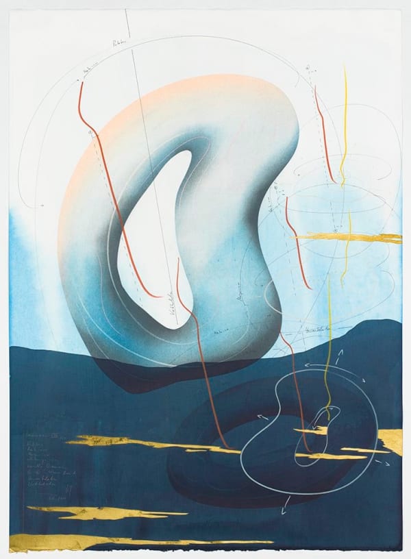 Jorinde Voigt Immersion VIII (2), 2018 ink, India ink, gold leaf, pastel, oil chalks, pencil on paper 30 1/8 x 22 1/16 in (76.5 x 56 cm)