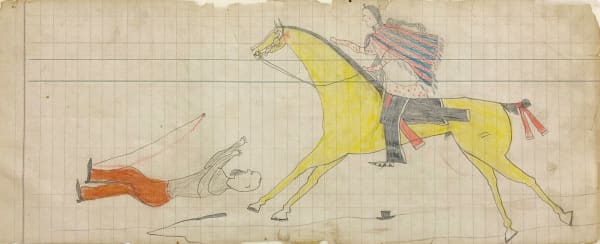 attributed to Mad Bull Ledger Drawing, ca. 1880 graphite and colored pencil on lined paper 6 x 14 3/4 in (15.2 x 37.5 cm)