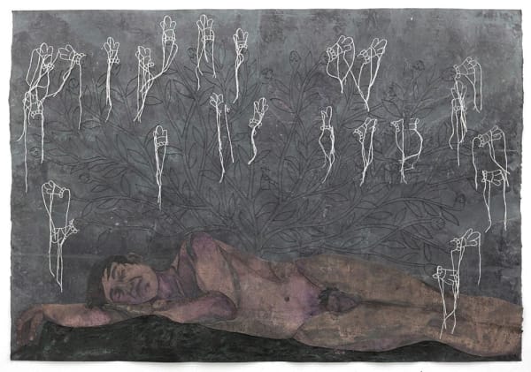 Felipe Baeza Ahuehuete Dormido, 2016 ink, watercolor, charcoal, collage, cut paper, egg tempera, hand embroidery, interference powder on paper 33 x 48 in 83.8 x 121.9 cm