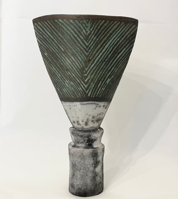 Elizabeth Raeburn Raku Vessel Green Feather Raku 30.5 x 16.5 x 10.5cm